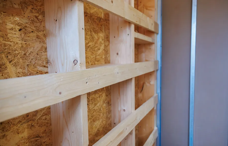 Wood and metal stud framing for interior wall construction in a Dallas residential and commercial project